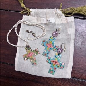 Chan Luu mother of pearl handpainted boho dangle cross necklace and earrings